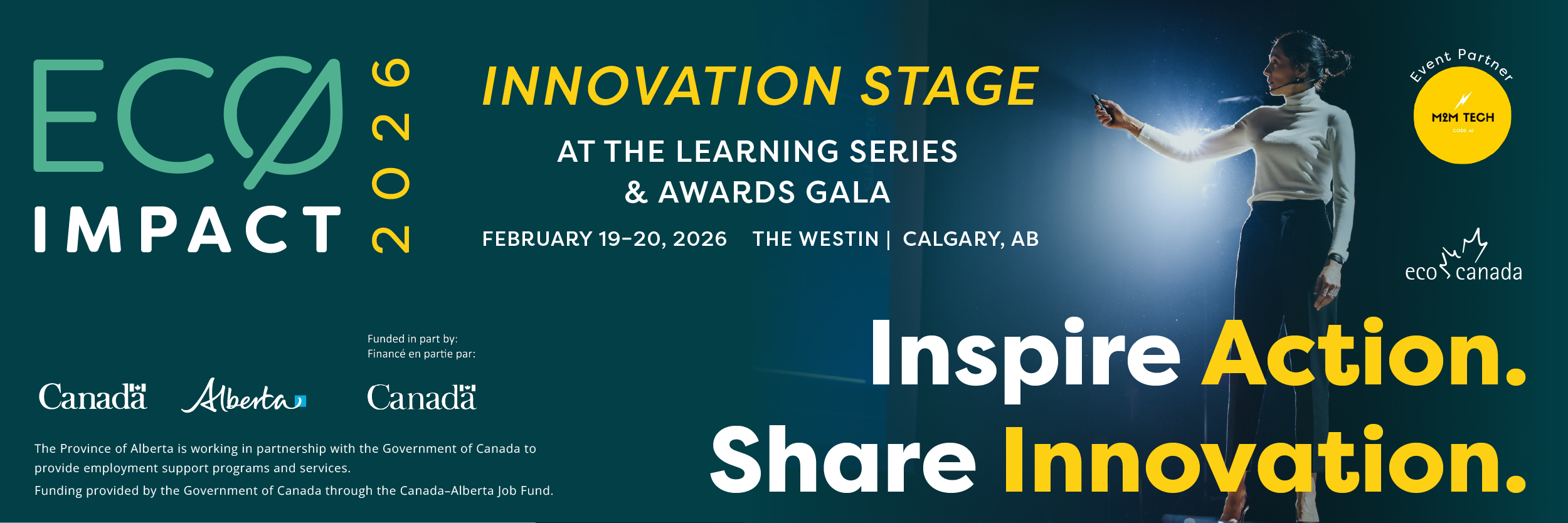 Promotional graphic for ECO IMPACT 2026 Innovation Stage featuring a speaker on stage under a spotlight. Text reads “Inspire Action. Share Innovation.” Event details include February 19–20, 2026, at The Westin in Calgary, Alberta, with a Learn More call-to-action and partner logos.